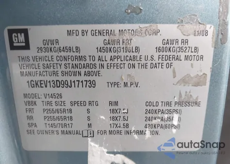 2009 GMC Acadia Sle-1 from USA, damaged, VIN 1GKEV13D99J171739